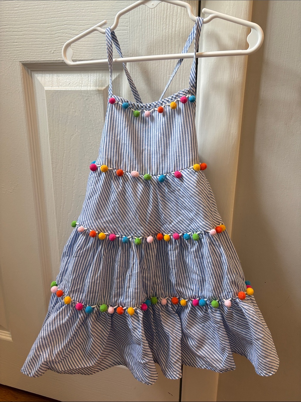 Girls' Tommy Bahama Blue Striped Pom-Pom Tiered Sundress